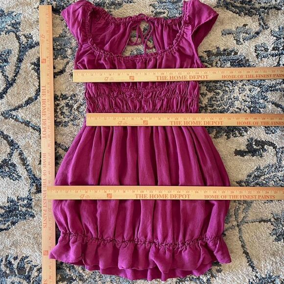 Fuchsia Linen Blend Smocked Mini Dress Ruffle Hem Open Back Milkmaid Peasant S - Picture 7 of 9